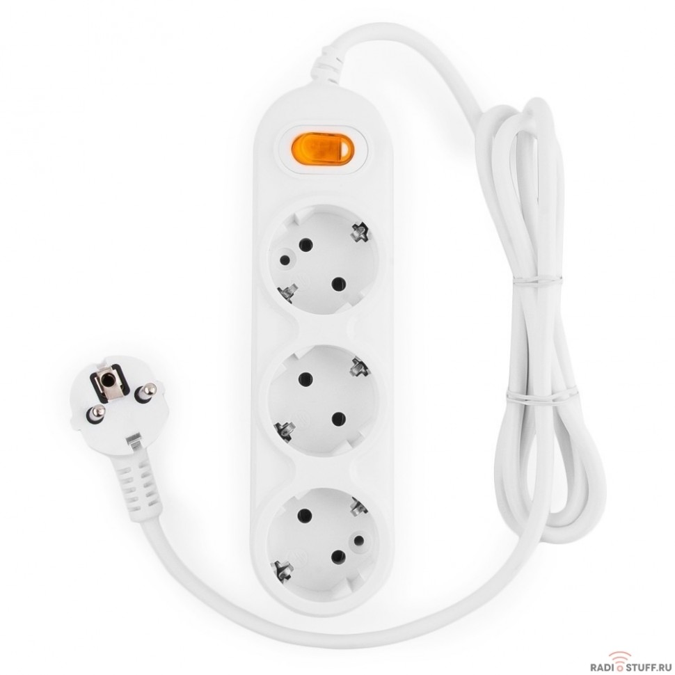 PowerCube Удлинитель (PC-2-1,5M) 1.5м, 3 розетки, 10А, с выключателем, белый